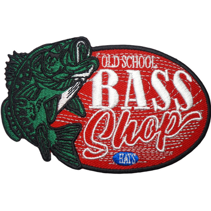 Old School Bass Shop Red Background 4.25" x 2.75" Sew On Oval Patch