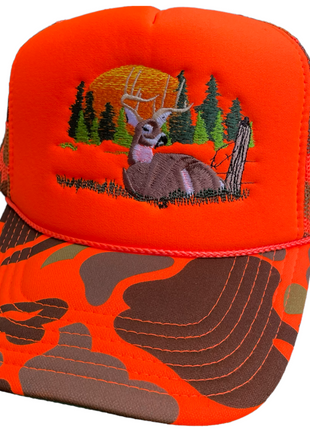 Deer Hunting Season Orange Camo Mesh Trucker Snapback Cap Hat Custom Embroidered
