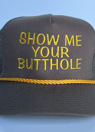Show Me Your Butthole Army Green Mesh Rope Snapback Trucker Cap Hat Humor Custom Embroidery