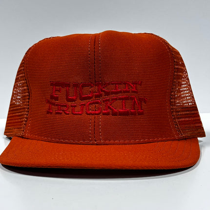 F’n Truckin red on Vintage Burnt Orange Mesh Trucker Snapback Hat Cap Custom Embroidery