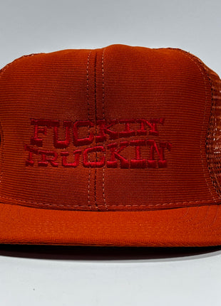 Fn Truckin red on Vintage Burnt Orange Mesh Trucker Snapback Hat Cap Custom Embroidery