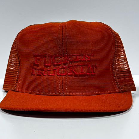 Fn Truckin red on Vintage Burnt Orange Mesh Trucker Snapback Hat Cap Custom Embroidery