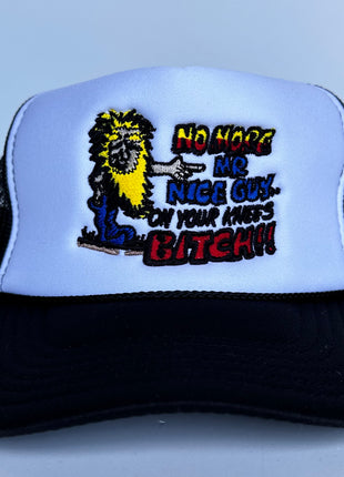 NO MORE MR NICE GUY ON YOUR KNEES Black Mesh Trucker Curve Brim SnapBack Funny Cap Hat Custom Embroidery