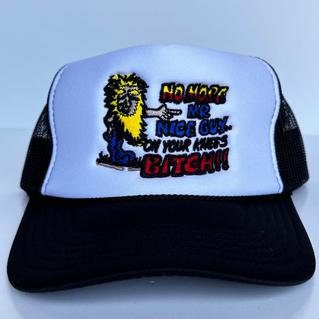 NO MORE MR NICE GUY ON YOUR KNEES Black Mesh Trucker Curve Brim SnapBack Funny Cap Hat Custom Embroidery