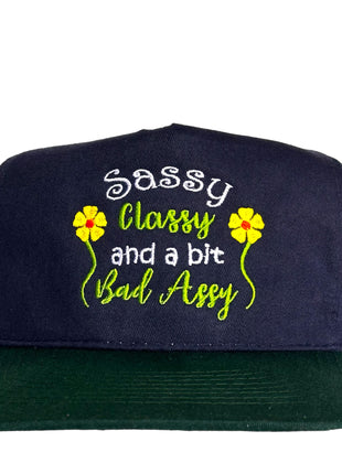 SASSY CLASSY AND A BIT BAD ASSY Vintage Navy Blue Crown Strapback Cap Hat Custom Embroidery