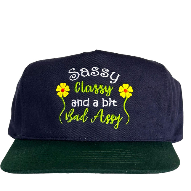 SASSY CLASSY AND A BIT BAD ASSY Vintage Navy Blue Crown Strapback Cap Hat Custom Embroidery