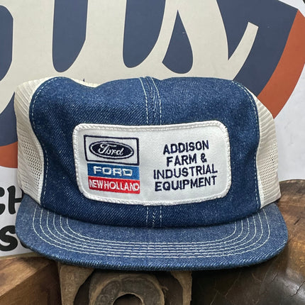 Vintage FORD NEW HOLLAND Dealer Patch Snapback Mesh Denim Trucker Cap Hat K-PRODUCTS Made in USA