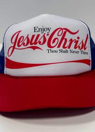 Enjoy Jesus Christ on a vintage red white blue mesh Trucker SnapBack Hat Cap Custom Printed