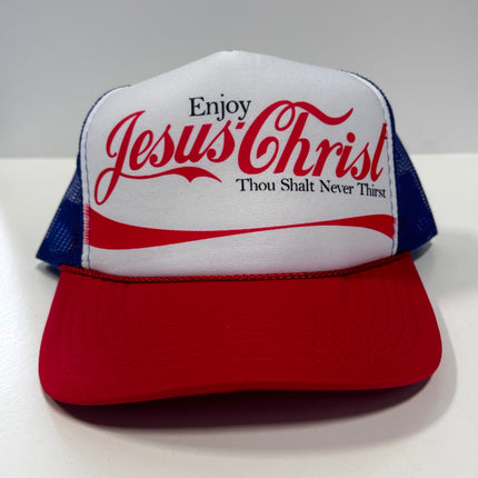 Enjoy Jesus Christ on a vintage red white blue mesh Trucker SnapBack Hat Cap Custom Printed