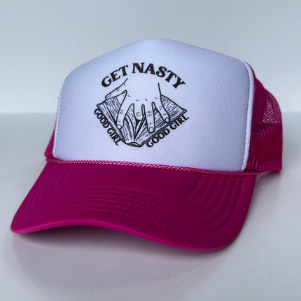 GET NASTY GOOD GIRL Inappropriate FUNNY Pink Mesh Trucker Hat SnapBack Cap Custom Printed