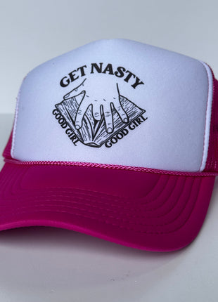 GET NASTY GOOD GIRL Inappropriate FUNNY Pink Mesh Trucker Hat SnapBack Cap Custom Printed