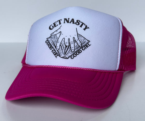 GET NASTY GOOD GIRL Inappropriate FUNNY Pink Mesh Trucker  display picture 1