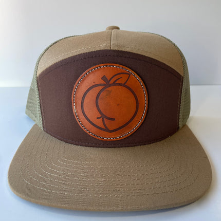 Leather Head Peach Ass on a 7 Panel Khaki Brown Olive Mesh Trucker SnapBack Hat Cap