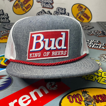 Custom Bud King of Beers patch Vintage Grayish Denim Like Mesh Snapback Hat Cap with Rope