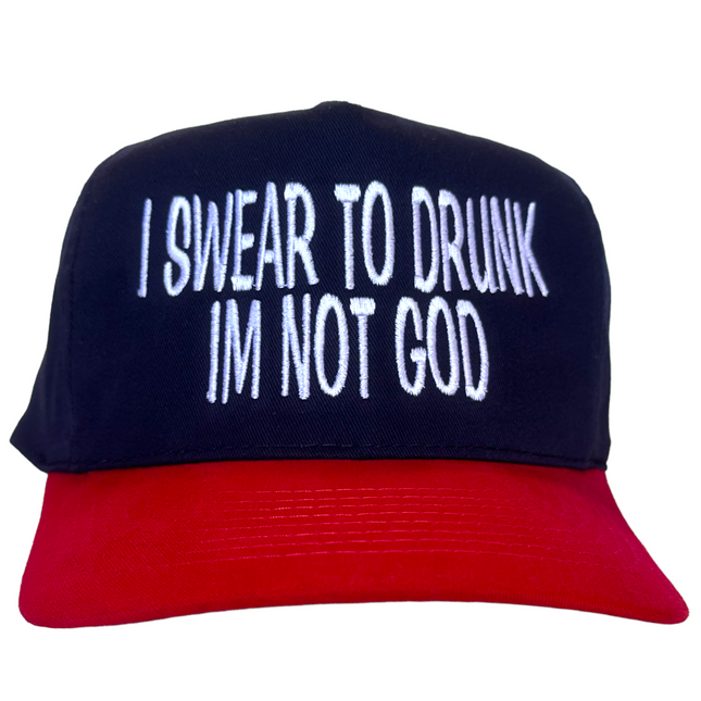 I Swear To Drunk I’m Not God Vintage Navy Crown Red Brim Strapback Hat Cap Custom Embroidery