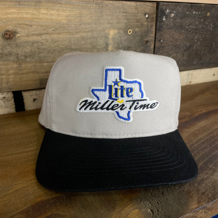 Custom Miller Time Texas Vintage Khaki Black Brim Strapback Cap Hat