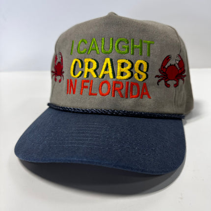 I Caught Crabs in Florida Khaki Crown Blue Brim with Rope SnapBack Hat Cap Custom Embroidery