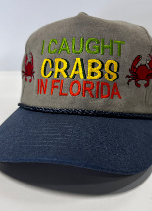 I Caught Crabs in Florida Khaki Crown Blue Brim with Rope SnapBack Hat Cap Custom Embroidery