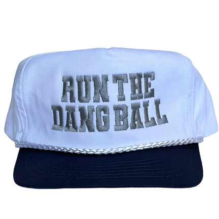 RUN THE DANG BALL Silver and Navy Blue on a Vintage Rope Navy Brim Snapback Cap Hat Custom Embroidered