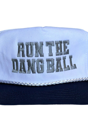 RUN THE DANG BALL Silver and Navy Blue on a Vintage Rope Navy Brim Snapback Cap Hat Custom Embroidered