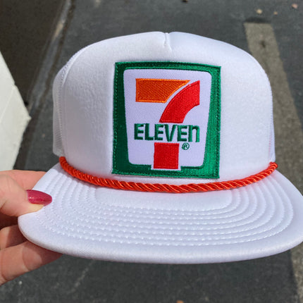 Custom Seven Eleven Vintage White Mesh Snapback Hat Cap with Rope