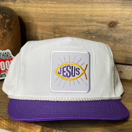 Custom Jesus Fish Vintage White & Purple Rope Snapback Cap Hat – Old School  Hats