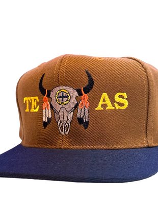 Texas Cow Skull With Feathers Vintage SnapBack Cap Hat Custom Embroidered