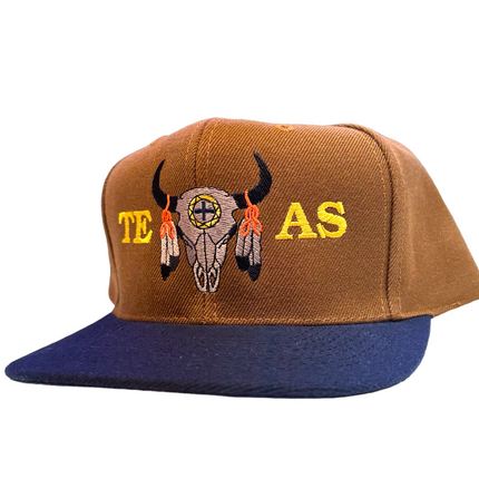 Texas Cow Skull With Feathers Vintage SnapBack Cap Hat Custom Embroidered