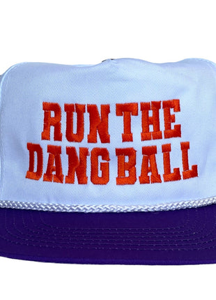 RUN THE DANG BALL Orange and Purple on a Vintage Rope Purple Brim Snapback Cap Hat Custom Embroidered