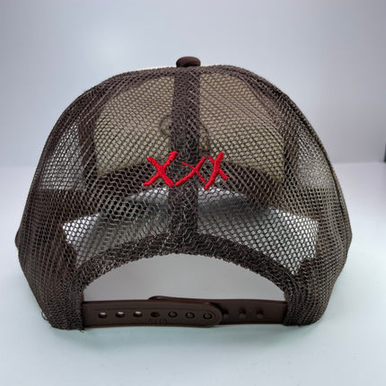 Moonshine XXX custom embroidered tan and brown trucker snapback cap