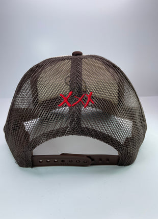 Moonshine XXX custom embroidered tan and brown trucker snapback cap