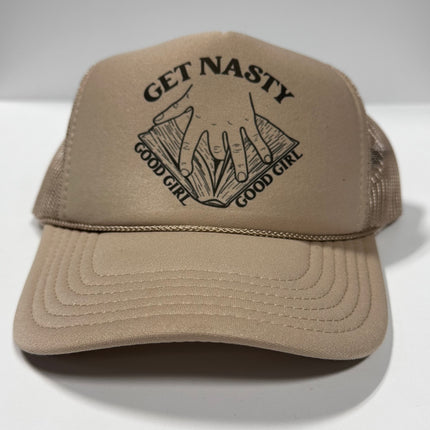 GET NASTY GOOD GIRL Inappropriate FUNNY Tan Mesh Trucker Hat SnapBack Cap Custom Printed