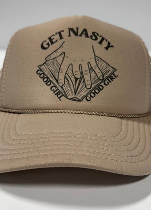 GET NASTY GOOD GIRL Inappropriate FUNNY Tan Mesh Trucker Hat SnapBack Cap Custom Printed