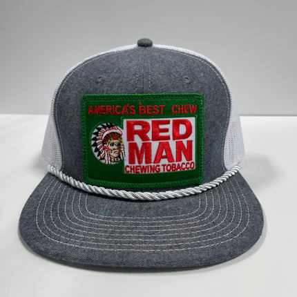 Custom Red Man Americas Best Chew patch Vintage White Mesh and Gray SnapBack Hat Cap with Rope