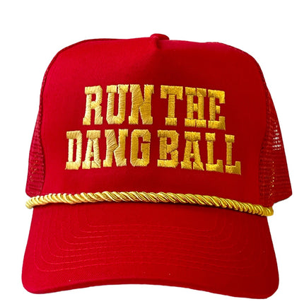 RUN THE DANG BALL Gold and Red on a Vintage Rope Mesh Trucker Snapback Cap Hat Custom Embroidered