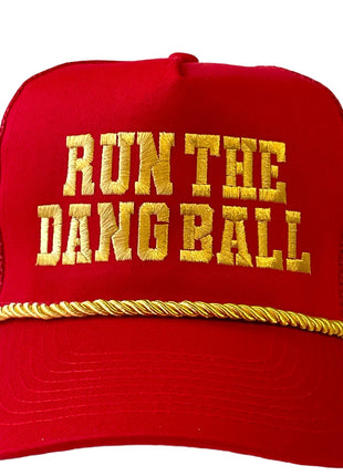 RUN THE DANG BALL Gold and Red on a Rope Mesh Trucker Snapback Cap Hat Custom Embroidered