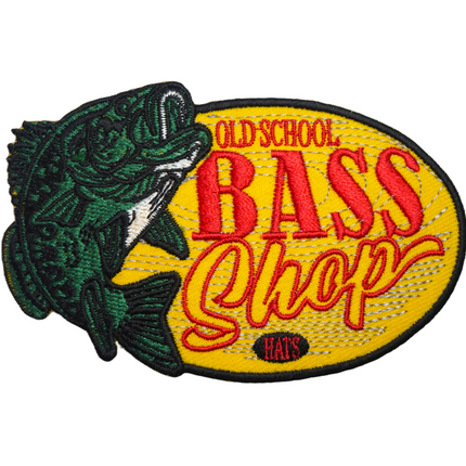 Old School Bass Shop Yellow Background 4.25" x 2.75" Sew On Oval Patch