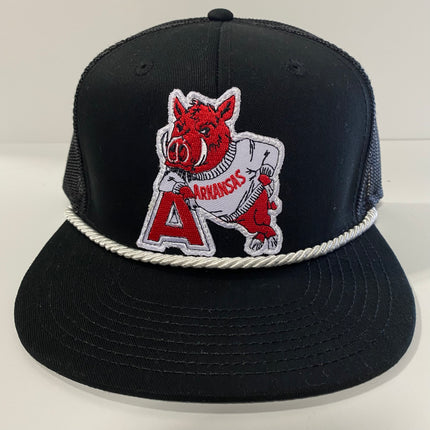 Custom Arkansas Hog Vintage Black Mesh Snapback Hat Cap with Rope