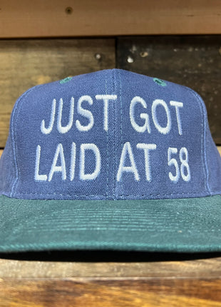 Just Got Laid At 58 Vintage Blue Crown Green Brim Strapback Hat Cap Custom embroidery