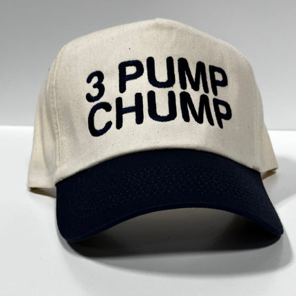 3 Pump Chump on Vintage Off White Navy Brim Snapback Hat Cap Custom Embroidery
