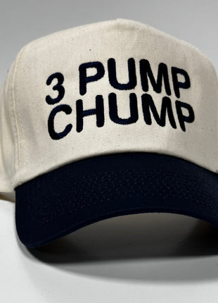 3 Pump Chump on Vintage Off White Navy Brim Snapback Hat Cap Custom Embroidery