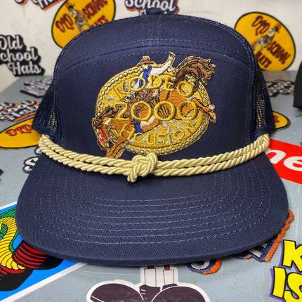 Custom Rodeo Houston 2000 Vintage Navy Seven Panel Mesh Snapback Hat Cap with Double Rope