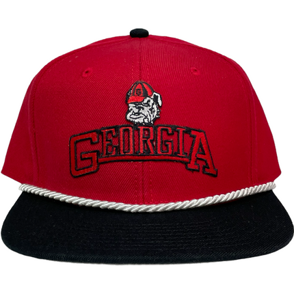 Custom Georgia Bulldog Dawgs patch Vintage Red Mid Crown Black Brim SnapBack Hat Cap with White Rope