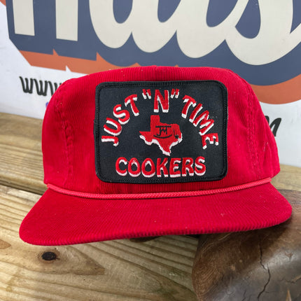 Custom Texas JUST N TIME COOKERS Corduroy Red Rope Strapback Cap Hat (ready to ship)