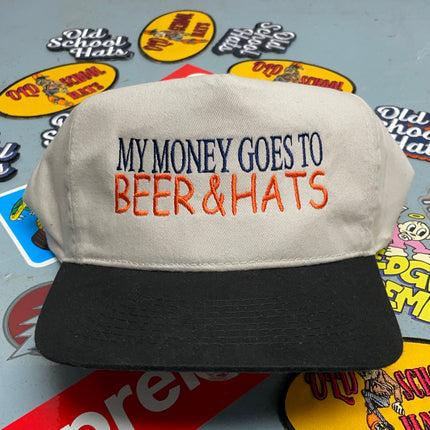 MY MONEY GOES TO BEER & HATS Vintage Tan Black Brim Strapback Cap Hat Custom Embroidered
