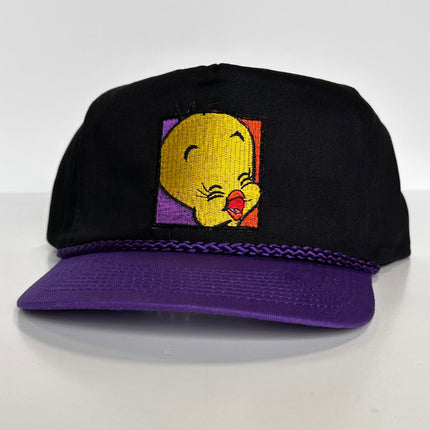 Custom Tweety Bird patch Vintage Black Crown Purple Brim SnapBack Hat Cap with rope