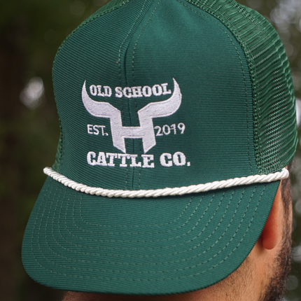 Old School CATTLE CO 1980s Tall Crown Green Trucker Mesh Back Snapback Adjustable Cap Hat Made In USA Embroidered Your Grandpas Hat
