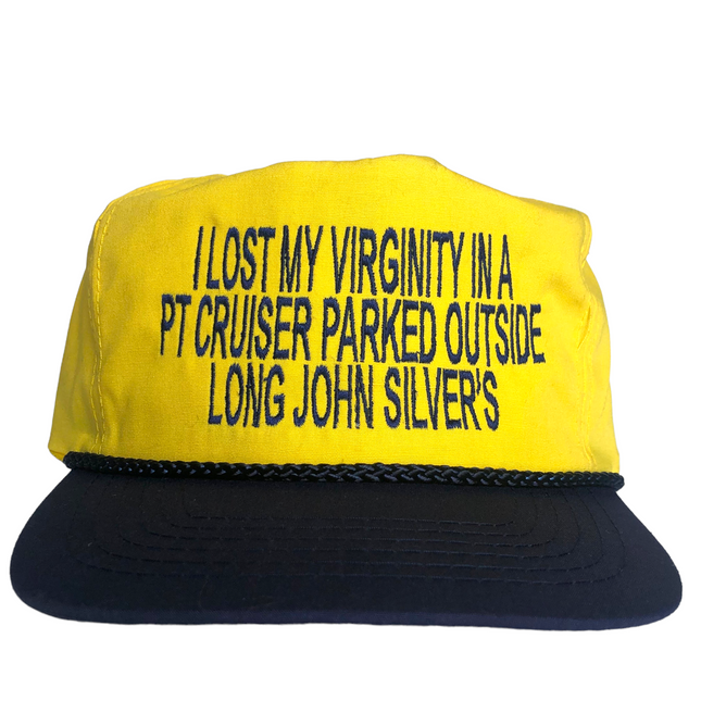I lost my virginity in a pt cruiser parked outside long John silver’s yellow/navy rope custom embroidered strapback
