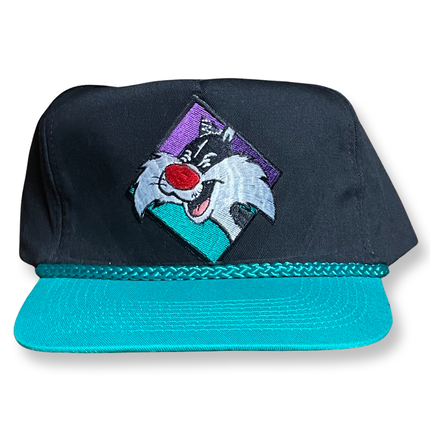 Custom Looney Tunes Sylvester The Cat Vintage Black Crown Teal Rope Snapback Cap Hat