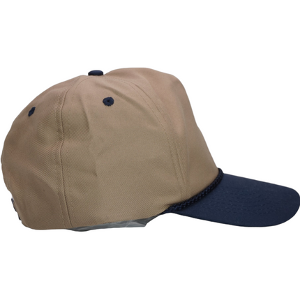 Vintage Tan Mid Crown Navy Brim Unstructured 5 Panel Strapback Hat Cap with Navy Rope